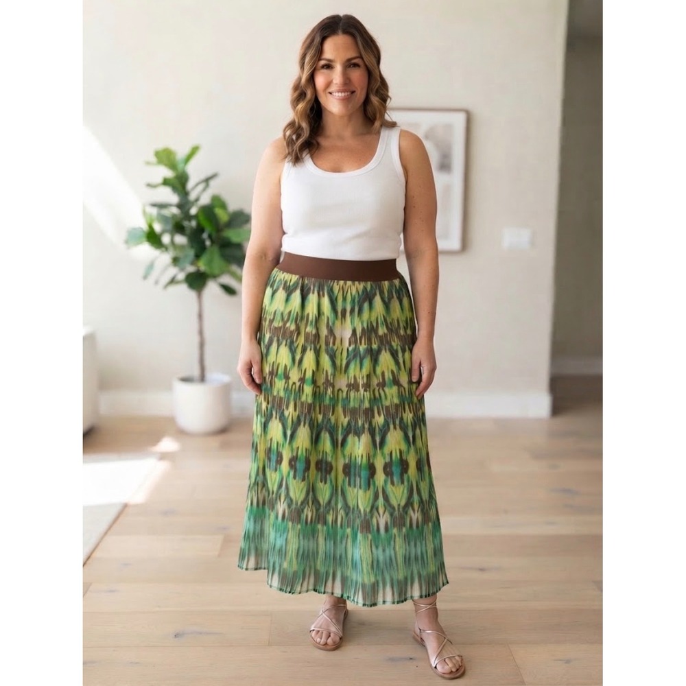 Ruby Road Green Abstract Ikat Pleated Maxi Skirt Size 12P